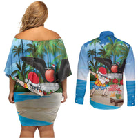 Antigua And Barbuda Christmas Couples Matching Off Shoulder Short Dress and Long Sleeve Button Shirt Magnificent Frigatebird Dabbing Santa - Wonder Print Shop
