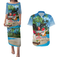 Antigua And Barbuda Christmas Couples Matching Puletasi and Hawaiian Shirt Magnificent Frigatebird Dabbing Santa - Wonder Print Shop