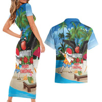 Antigua And Barbuda Christmas Couples Matching Short Sleeve Bodycon Dress and Hawaiian Shirt Magnificent Frigatebird Dabbing Santa - Wonder Print Shop