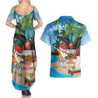 Antigua And Barbuda Christmas Couples Matching Summer Maxi Dress and Hawaiian Shirt Magnificent Frigatebird Dabbing Santa - Wonder Print Shop