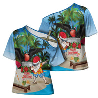 Antigua And Barbuda Christmas Cross Shoulder Shirt Magnificent Frigatebird Dabbing Santa - Wonder Print Shop