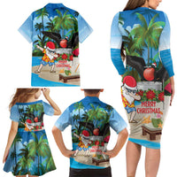 Antigua And Barbuda Christmas Family Matching Long Sleeve Bodycon Dress and Hawaiian Shirt Magnificent Frigatebird Dabbing Santa - Wonder Print Shop