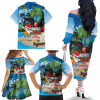 Antigua And Barbuda Christmas Family Matching Off The Shoulder Long Sleeve Dress and Hawaiian Shirt Magnificent Frigatebird Dabbing Santa - Wonder Print Shop