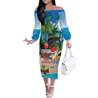Antigua And Barbuda Christmas Family Matching Off The Shoulder Long Sleeve Dress and Hawaiian Shirt Magnificent Frigatebird Dabbing Santa - Wonder Print Shop