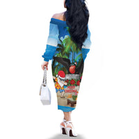 Antigua And Barbuda Christmas Family Matching Off The Shoulder Long Sleeve Dress and Hawaiian Shirt Magnificent Frigatebird Dabbing Santa - Wonder Print Shop