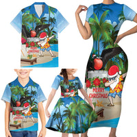 Antigua And Barbuda Christmas Family Matching Short Sleeve Bodycon Dress and Hawaiian Shirt Magnificent Frigatebird Dabbing Santa - Wonder Print Shop