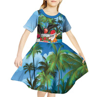 Antigua And Barbuda Christmas Kid Short Sleeve Dress Magnificent Frigatebird Dabbing Santa - Wonder Print Shop