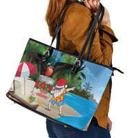 Antigua And Barbuda Christmas Leather Tote Bag Magnificent Frigatebird Dabbing Santa - Wonder Print Shop