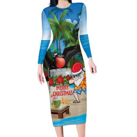 Antigua And Barbuda Christmas Long Sleeve Bodycon Dress Magnificent Frigatebird Dabbing Santa - Wonder Print Shop