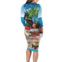 Antigua And Barbuda Christmas Long Sleeve Bodycon Dress Magnificent Frigatebird Dabbing Santa - Wonder Print Shop