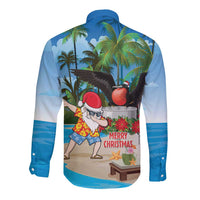 Antigua And Barbuda Christmas Long Sleeve Button Shirt Magnificent Frigatebird Dabbing Santa - Wonder Print Shop