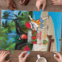 Antigua And Barbuda Christmas Puzzle Magnificent Frigatebird Dabbing Santa - Wonder Print Shop