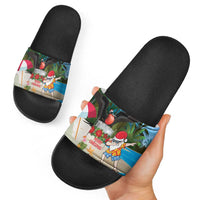 Antigua And Barbuda Christmas Slide Sandals Magnificent Frigatebird Dabbing Santa - Wonder Print Shop