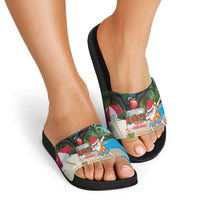 Antigua And Barbuda Christmas Slide Sandals Magnificent Frigatebird Dabbing Santa - Wonder Print Shop