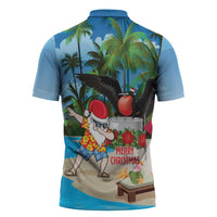 Antigua And Barbuda Christmas Zipper Polo Shirt Magnificent Frigatebird Dabbing Santa - Wonder Print Shop