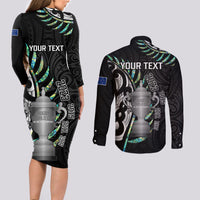 Personalised New Zealand Silver Fern Rugby Couples Matching Long Sleeve Bodycon Dress and Long Sleeve Button Shirt Paua Shell With Champions Trophy History NZ Forever - Wonder Print Shop