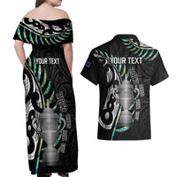 Personalised New Zealand Silver Fern Rugby Couples Matching Off Shoulder Maxi Dress and Hawaiian Shirt Paua Shell With Champions Trophy History NZ Forever - Wonder Print Shop