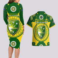 Australia Cricket Couples Matching Long Sleeve Bodycon Dress and Hawaiian Shirt 2023 World Cup 6th Champions Trophy National Color - Wonder Print Shop