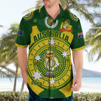 Green Australia cricket Hawaiian shirt with short sleeves and trophy graphic on front