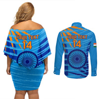 Custom India Cricket Couples Matching Off Shoulder Short Dress and Long Sleeve Button Shirt 2023 World Cup 3rd Champions Proud - Wonder Print Shop