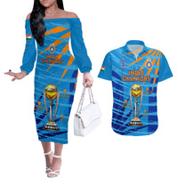 Custom India Cricket Couples Matching Off The Shoulder Long Sleeve Dress and Hawaiian Shirt 2023 World Cup 3rd Champions Proud - Wonder Print Shop