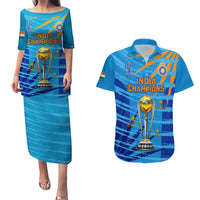 Blue India Champions cricket print couples dress and short-sleeve button Hawaiian shirt
