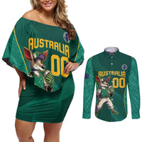 Custom Baseball Australia Couples Matching Off Shoulder Short Dress and Long Sleeve Button Shirt Go Champions - Aussie Kangaroo Mascot - Wonder Print Shop