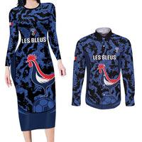 Custom France Football Couples Matching Long Sleeve Bodycon Dress and Long Sleeve Button Shirt 2026 Allez Les Bleus Rooster Grunge - Wonder Print Shop