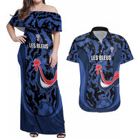 Custom France Football Couples Matching Off Shoulder Maxi Dress and Hawaiian Shirt 2026 Allez Les Bleus Rooster Grunge - Wonder Print Shop