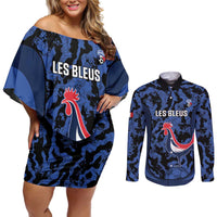 Custom France Football Couples Matching Off Shoulder Short Dress and Long Sleeve Button Shirt 2026 Allez Les Bleus Rooster Grunge - Wonder Print Shop
