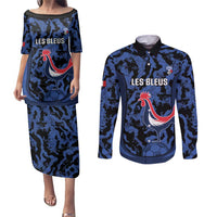 Custom France Football Couples Matching Puletasi and Long Sleeve Button Shirt 2026 Allez Les Bleus Rooster Grunge - Wonder Print Shop