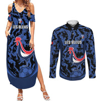 Custom France Football Couples Matching Summer Maxi Dress and Long Sleeve Button Shirt 2026 Allez Les Bleus Rooster Grunge - Wonder Print Shop