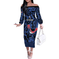 Custom France Football Family Matching Off The Shoulder Long Sleeve Dress and Hawaiian Shirt 2026 Allez Les Bleus Rooster Grunge - Wonder Print Shop