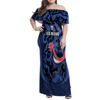 Custom France Football Family Matching Off Shoulder Maxi Dress and Hawaiian Shirt 2026 Allez Les Bleus Rooster Grunge - Wonder Print Shop
