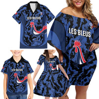 Custom France Football Family Matching Off Shoulder Short Dress and Hawaiian Shirt 2026 Allez Les Bleus Rooster Grunge - Wonder Print Shop