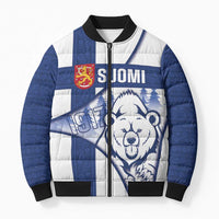 Personalised Finland Independence Day Bomber Puffer Jacket Suomi 1917 Proud Flag Finnish Folk Pattern - Wonder Print Shop