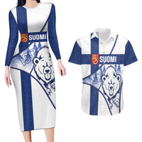 Personalised Finland Independence Day Couples Matching Long Sleeve Bodycon Dress and Hawaiian Shirt Suomi 1917 Proud Flag Finnish Folk Pattern - Wonder Print Shop