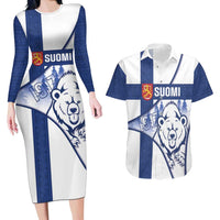 Personalised Finland Independence Day Couples Matching Long Sleeve Bodycon Dress and Hawaiian Shirt Suomi 1917 Proud Flag Finnish Folk Pattern - Wonder Print Shop