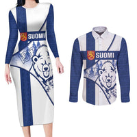 Personalised Finland Independence Day Couples Matching Long Sleeve Bodycon Dress and Long Sleeve Button Shirt Suomi 1917 Proud Flag Finnish Folk Pattern - Wonder Print Shop