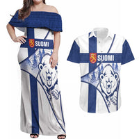 Personalised Finland Independence Day Couples Matching Off Shoulder Maxi Dress and Hawaiian Shirt Suomi 1917 Proud Flag Finnish Folk Pattern - Wonder Print Shop