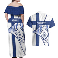 Personalised Finland Independence Day Couples Matching Off Shoulder Maxi Dress and Hawaiian Shirt Suomi 1917 Proud Flag Finnish Folk Pattern - Wonder Print Shop
