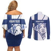 Personalised Finland Independence Day Couples Matching Off Shoulder Short Dress and Long Sleeve Button Shirt Suomi 1917 Proud Flag Finnish Folk Pattern - Wonder Print Shop