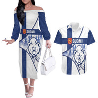 Personalised Finland Independence Day Couples Matching Off The Shoulder Long Sleeve Dress and Hawaiian Shirt Suomi 1917 Proud Flag Finnish Folk Pattern - Wonder Print Shop