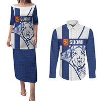 Personalised Finland Independence Day Couples Matching Puletasi and Long Sleeve Button Shirt Suomi 1917 Proud Flag Finnish Folk Pattern - Wonder Print Shop