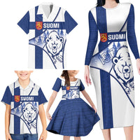 Personalised Finland Independence Day Family Matching Long Sleeve Bodycon Dress and Hawaiian Shirt Suomi 1917 Proud Flag Finnish Folk Pattern - Wonder Print Shop