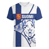 Personalised Finland Independence Day Women V-Neck T-Shirt Suomi 1917 Proud Flag Finnish Folk Pattern - Wonder Print Shop