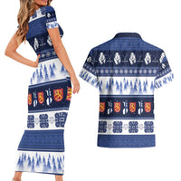 Finland Christmas Couples Matching Short Sleeve Bodycon Dress and Hawaiian Shirt Suomen Tasavalta Hyvaa Joulua - Wonder Print Shop