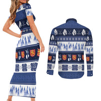 Finland Christmas Couples Matching Short Sleeve Bodycon Dress and Long Sleeve Button Shirt Suomen Tasavalta Hyvaa Joulua - Wonder Print Shop