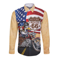 Route 66 United States Long Sleeve Button Shirt Historic Highway USA Eagle With Motorcycle - Wonder Print Shop