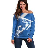 Personalised Scotland Lawn Bowls Off Shoulder Sweater Scottish Thistle Grunge Flag Style - Wonder Print Shop